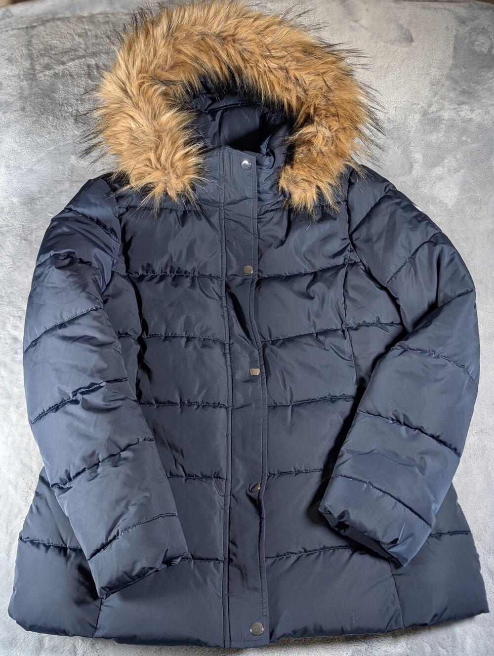 Tommy Hilfiger Womens Faux Fur Trim Snap button Parka Jacket Blue Medium